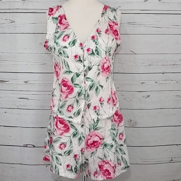 Vintage 80's‎ Satin Rose Women's Pajama Set Small